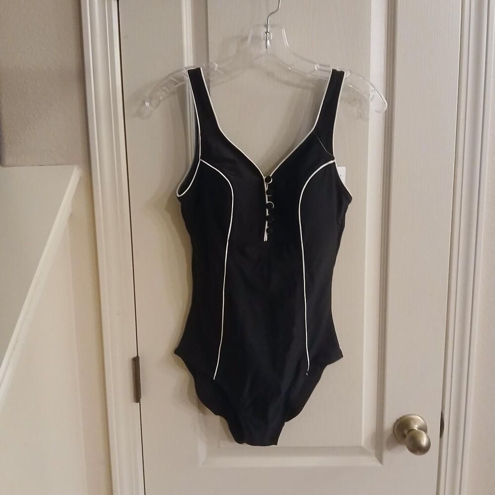 NWT La Isla Black One Piece Swimsuit White Trim Buttons M Modest Retro Classic